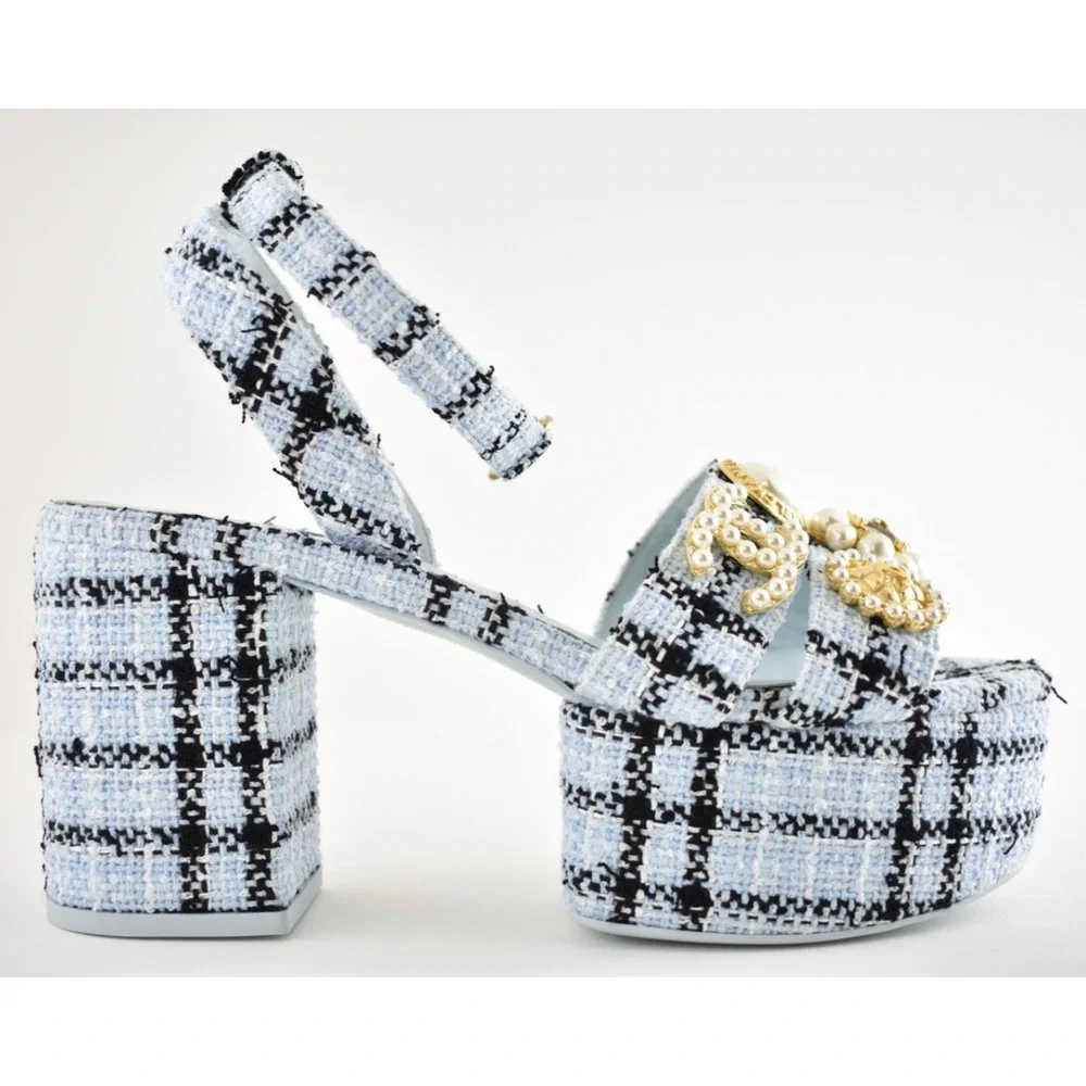 Chanel 25S Blue Black Tweed Pearl CC Logo Platform Strap Block Heel Sandal 40